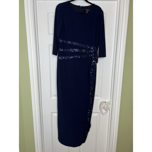 R&M RICHARDS Maxi Dress Gown Navy Blue Stretch Knit Ruffle Sequins Sz 14 Evening - Picture 2 of 12